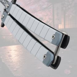 Close-up of butterfly knife handle and latch