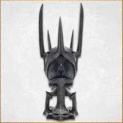Back view of Sauron's helmet on a stand