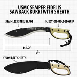 Diagram of USMC Semper Fidelis sawback kukri with sheath