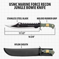 Bowie knife with dimensions and sheath details