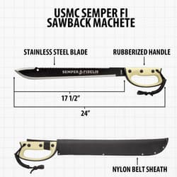 Diagram of USMC machete with dimensions and sheath