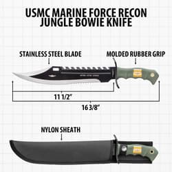 USMC Jungle Bowie Knife with dimensions and nylon sheath
