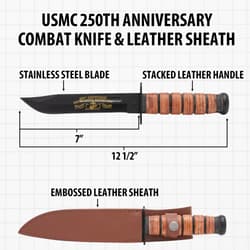 Diagram of USMC 250th anniversary knife and sheath with dimensions