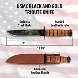 Diagram of USMC 250th anniversary knife and sheath with dimensions