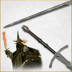 Sword with a character in armor holding a flaming weapon