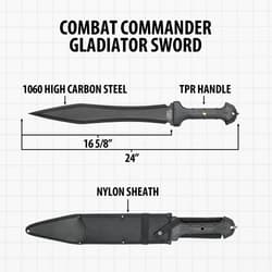 Diagram of Combat Commander Gladiator Sword with dimensions and sheath