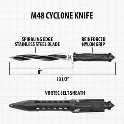 M48 Cyclone Knife with spiraling blade, nylon grip, and sheath