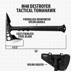 M48 Destroyer Tactical Tomahawk with labeled features and sheath