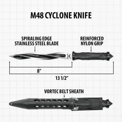 M48 Cyclone knife with dimensions and features labeled