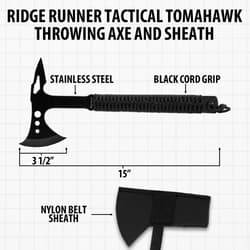 Tactical tomahawk with measurements and sheath details