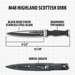 Diagram of M48 Highland Scottish Dirk with dimensions and sheath