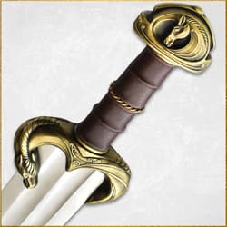 Close-up of a sword hilt with horse design and leather grip