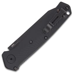 Closed benchmade mediator automatic pocket knife with a matte black finish and deep pocket clip.