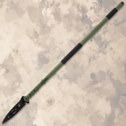 Full view of green survival spear with black blade