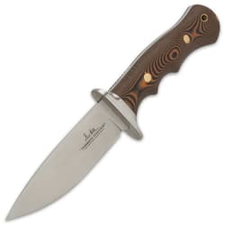 Stainless steel blade with a stain finish and G10 wood look handle, and engraving on blade "Hibben Knives."