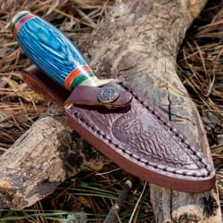 Knife in leather sheath on a log outdoors