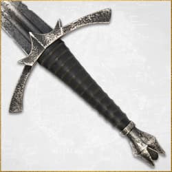 Close-up of sword handle with intricate design