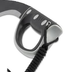 Close-up of kukri handle with looped cord lanyard
