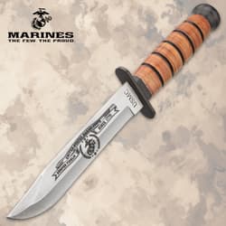 Full view of USMC knife with engraved blade