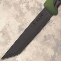 Close-up of knife blade with USMC logo