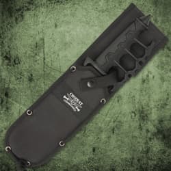 The trench knife handle is of cast metal with black, no-slip rubberized grip inserts and it features a skull crusher pommel