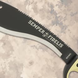 Close-up of kukri blade with 'Semper Fidelis' engraving