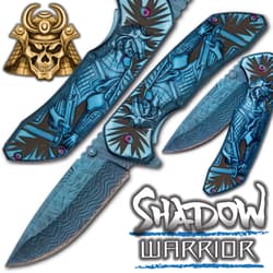 Shadow Warrior Assisted Opening Pocket Knife | DamascTec Steel Blade | Blue And Rainbow