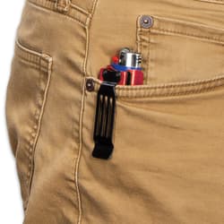 Khaki pants pocket holding closed black pocket knife caddy with blue lighter with black pocket clip securing the caddy to the pocket.