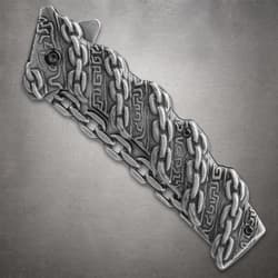 Detailed view of knife's chain link handle