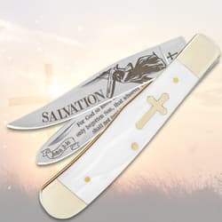 Closed knife with engraved blades and cross handle
