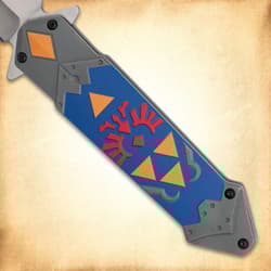 Close-up of knife handle with orange and red design