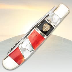 Closed pocket knife with colorful inlaid handle