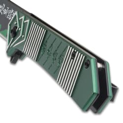Close-up of knife handle with striped design