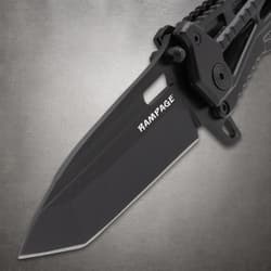 Close-up of black knife blade with Rampage logo