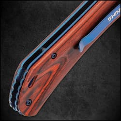 Shinwa Zhanshi Bloodwood Assisted Opening Pocket Knife - Stainless Steel Blade, Wooden Handle Scales, Blue Liners And Pocket Clip