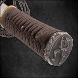 Brown Damascus Tachi pommel close up