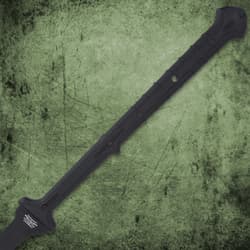 The sword has a full-tang 20”, 1065 carbon steel blade with a black hard-coating finish