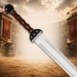 Close-up of sword handle in arena setting