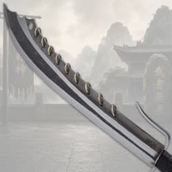 Close-up of sword blade with nine rings and mountain backdrop