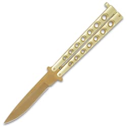 Gold Gyro Butterfly Knife - Stainless Steel Blade, Skeletonized Handle, Latch Lock, Steel Handle, Double Flippers - Length 9”