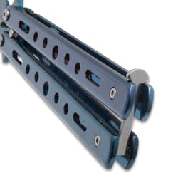 Butterfly Knife Vortex Blue handle close up