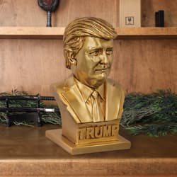 Gold bust on wooden shelf with decor