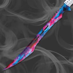 Full view of a cosmic-themed sword with serrated edge