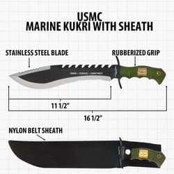 Diagram of USMC Marine kukri with sheath and measurements