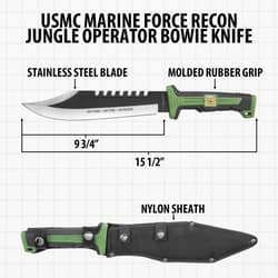 USMC Jungle Operator Bowie Knife with dimensions and sheath