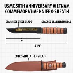 Diagram of USMC Vietnam commemorative knife and sheath with dimensions
