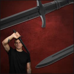 Person holding a short training sword, close-up of blade