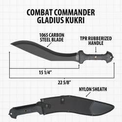 Diagram of Combat Commander Gladius Kukri with dimensions and sheath
