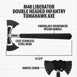 M48 Liberator Double Headed Tomahawk Axe with labeled features and cover