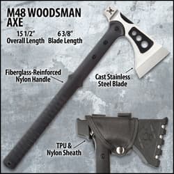 M48 Woodsman Axe with labeled features and sheath